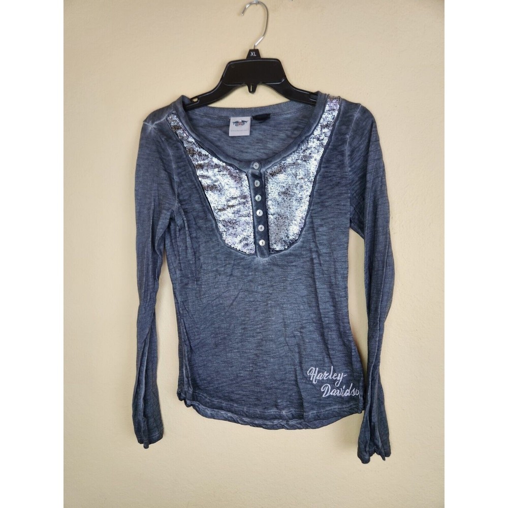Harley Davidson Women Shirt‎ Blouse Gray Black sequin long Sleeve VNeck Sz M